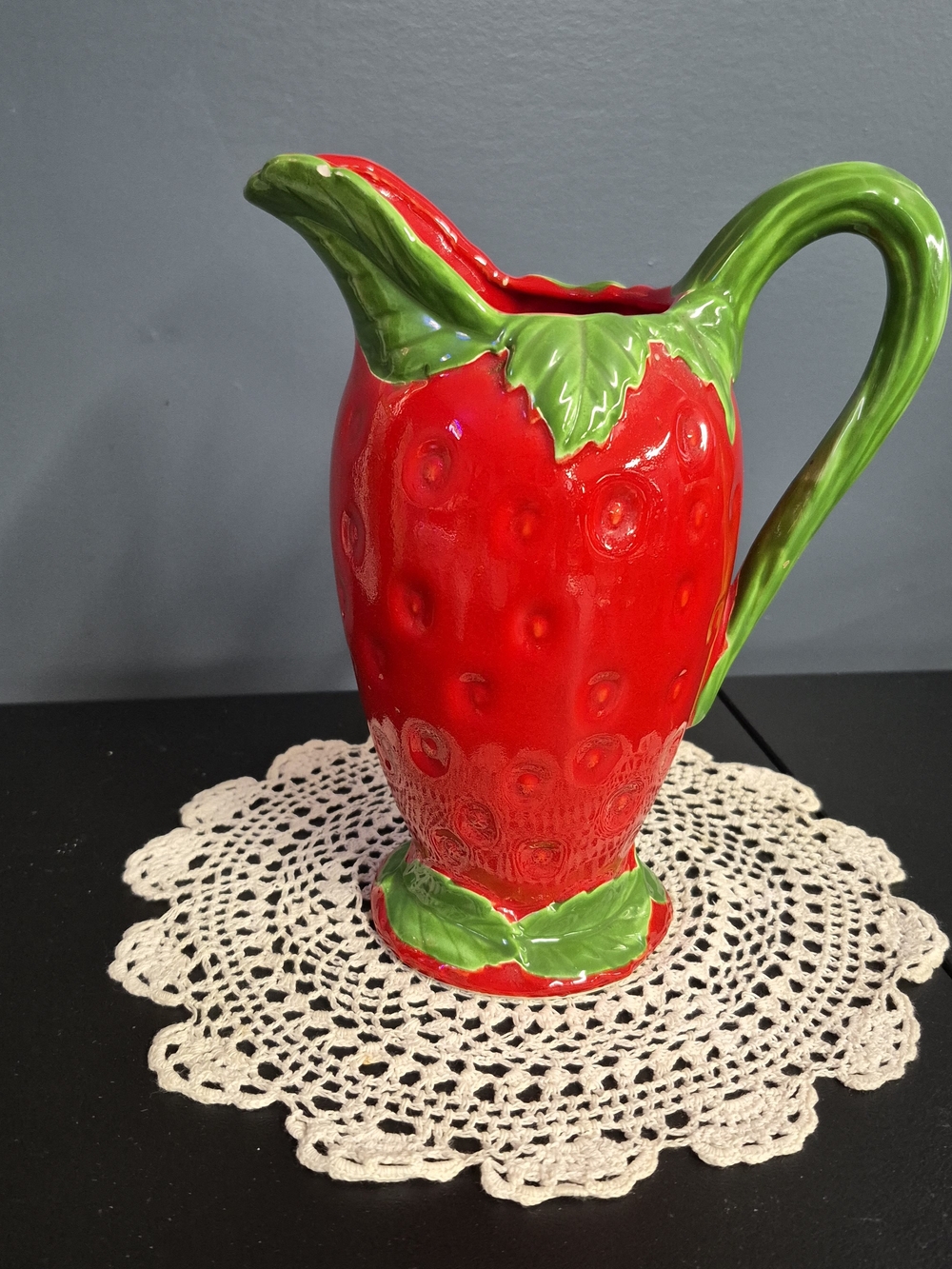 Hand-Painted Ceramic Strawberry Pitcher in Red and Green